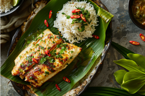 Finished and final plating of bamboo steamed fish served on banana leaf served with rice