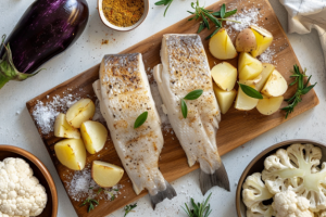 A plate of fresh bhetki surrounded by ingredients for preparing bengali fish curry or bengali macher jhol.