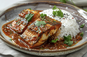Plate of fish sambal indian style served with steamed white rice and garnished with cilantro.