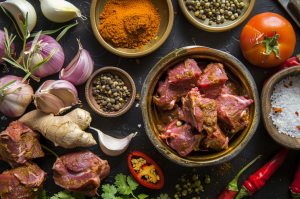 A bowl of fresh mutton pieces surrounded by ingredients ginger, garlic, turmeric powder, tomato, red chilly, coriander leaves and spices for preparing gongura mutton curry 