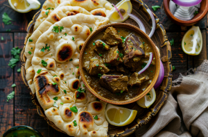 Finished & final plating of gongura mutton curry made using preservative free mutton from FreshToHome served along with naan and onion and lemon wedges on the side