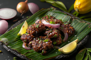 Final and finished plating of mutton pepper dry fry on a banana leaf with onion and lemon on side