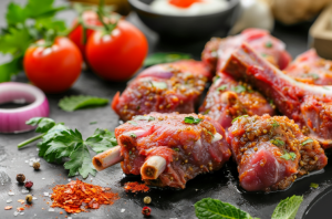 A plate of fresh mutton chops surrounded by ingredients for preparing mutton chaap recipe