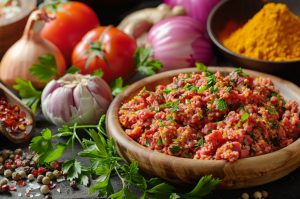 A plate of fresh mutton mince or mutton keema surrounded by ingredients for preparing mutton keema masala