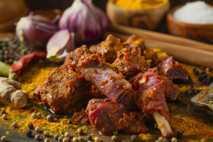 A plate of fresh bone in mutton marinated and surrounded by ingredients for preparing golbari kosha mangsho- Champaran mutton