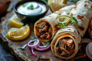 Succulent pieces of mutton curry wrapped in a flaky roti, oozing out the spicy sauce with onion rings, pudina on side