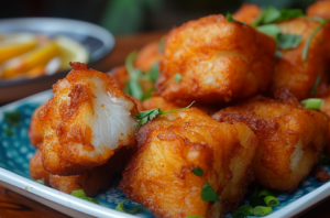 A plate of batter fried fish for Chinese style chilli fish