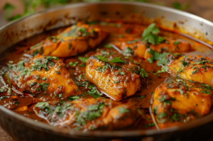 Andhra Style Basa Fish Curry simmering in a pot with rich, spicy gravy and aromatic spices