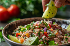 A person placing a lemon wedge on a bowl of finished tuna fish salad.