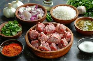Tender mutton in a bowl with basmati rice in another bowl, surrounded by assorted ingredients for Hyderabadi Mutton biryani.