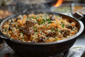 A bowl of aromatic Hyderabadi Mutton Biryani garnished with fresh corriander leaves.