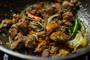 Fresh mutton pieces being marinated in aromatic spices for mutton pulao
