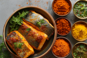 A bowl of fresh fish Pulusu fillets surrounded by small bowls of assorted spices and herbs