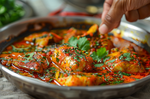 A bowl of aromatic fish pulusu garnished with fresh coriander leaves.