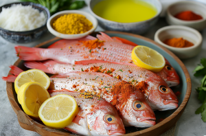 Fresh snapper fish surrounded by assorted spices in small bowls on a plate.
