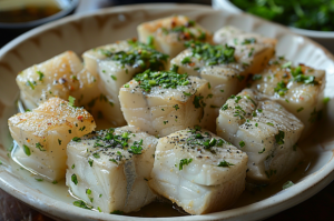 Small bite-sized Basa fish cubes on a platter for Basa Fish Manchurian Recipe
