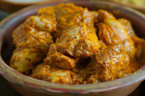 Marinated chicken pieces in a bowl for Pallipalayam Chicken Gravy preparation