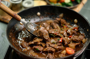 Mutton Kaleji being cooked in a wok with aromatic spices