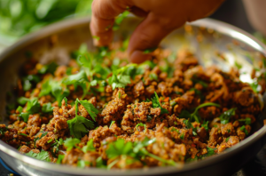 Mutton and spices being mixed together in a metal plate for Kola Urundai Prep