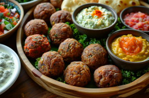 Cooked Mutton Kola Urundai served on a wooden platter with assorted chutneys in smaller bowls.
