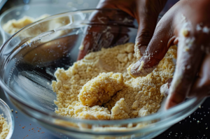 Mutton cutlet patties being dipped in golden bread crumbs, ready for frying.