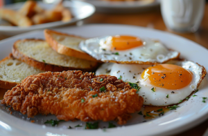 Cooked mutton cutlet served with sunny side up eggs and slices of fresh bread on a plate.