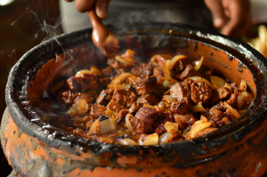 Mutton cooking in a traditional clay pot over an open flame for Mutton Yakhni Recipe