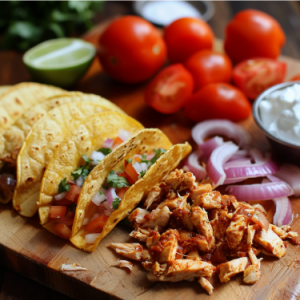 A wooden board with assembled tacos, shredded chicken, onions, and tomatoes to make chicken tacos