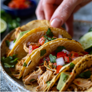 Plate of chicken tacos with shredded chicken, onions, and tomatoes.
