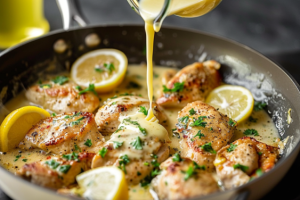 Creamy lemony orange sauce being poured into a pan of creamy lemon chicken.