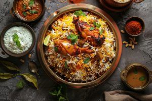 A delectable plate of Chicken Biryani garnished with fresh mint leaves, served with a side of raita and curry